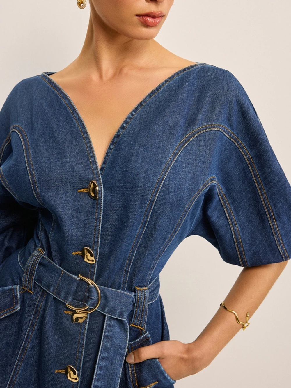 Commense Blue Pocketed Belted Denim Mini Dress Size XS NWT - Picture 2 of 7